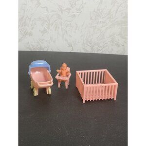Vintage Pink & Blue Dollhouse Baby Accessories Set With Pram Crib & High Chair